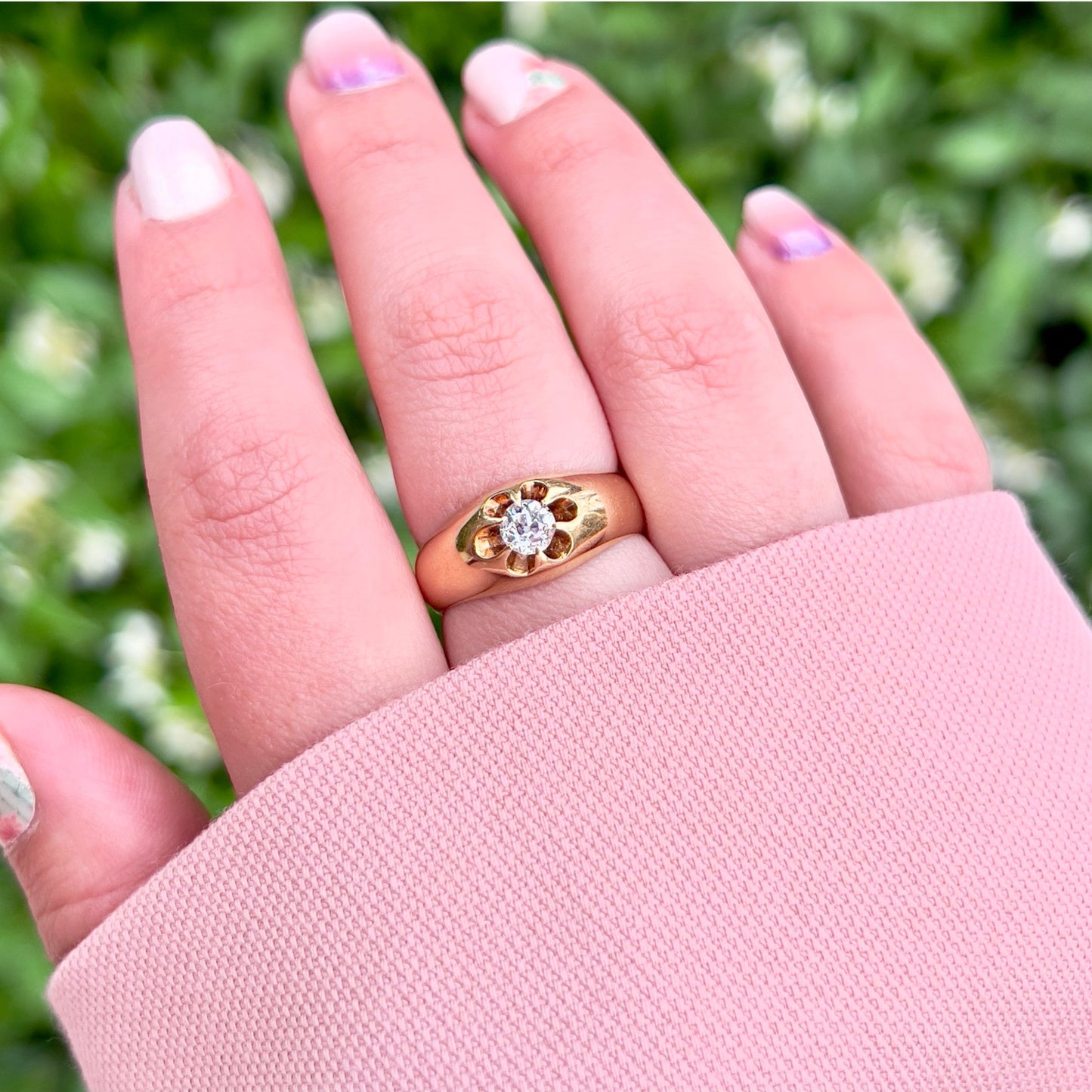 Russian Victorian 14KT Yellow Gold Diamond Ring on finger