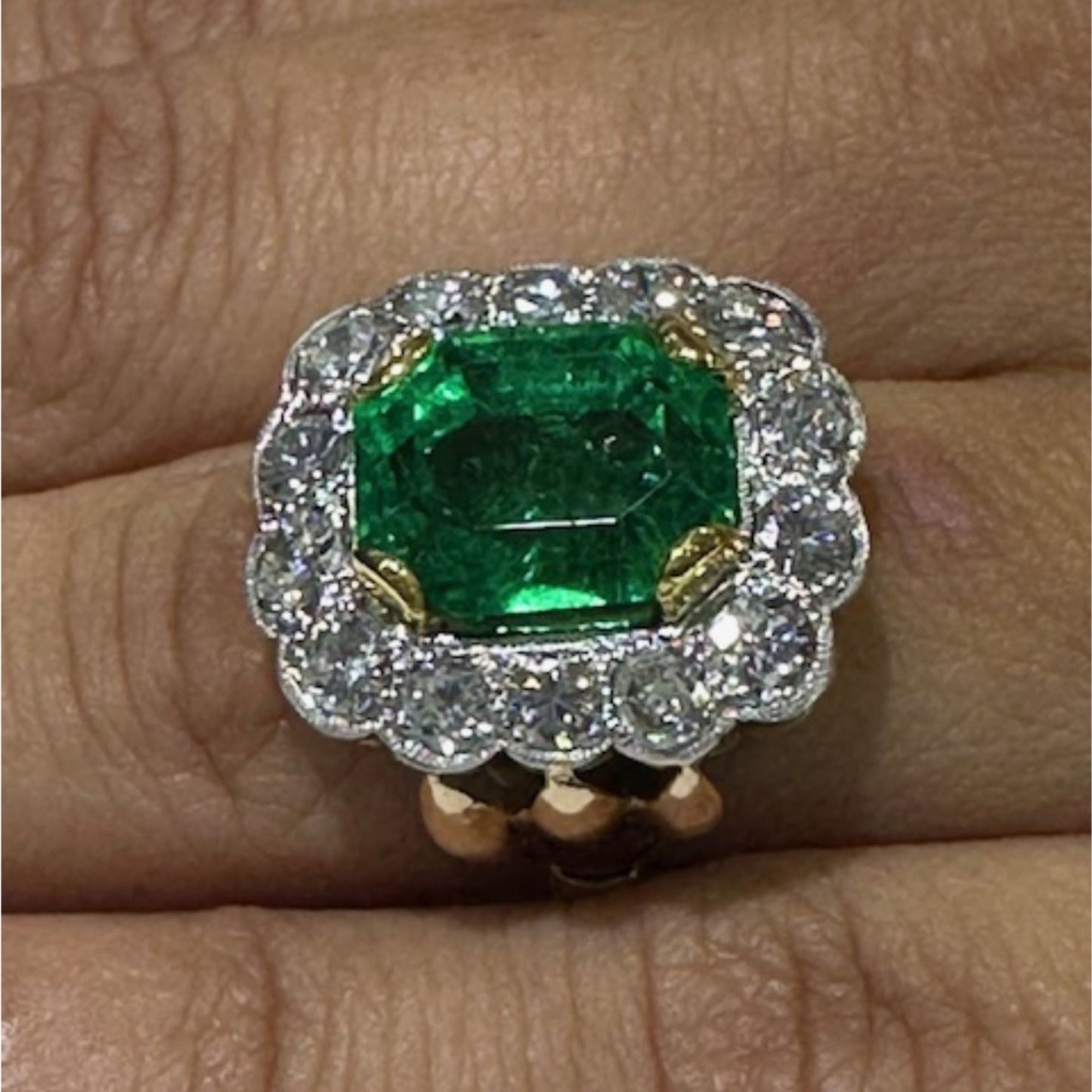 1940s Platinum Emerald & Diamond Ring on finger