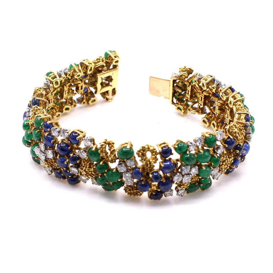 André Vassort French 1980s Platinum & 18KT Yellow Gold Diamond, Sapphire & Emerald Bracelet front