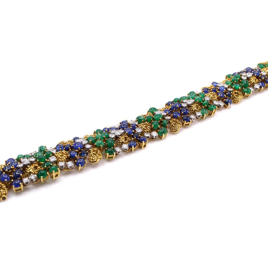 André Vassort French 1980s Platinum & 18KT Yellow Gold Diamond, Sapphire & Emerald Bracelet side