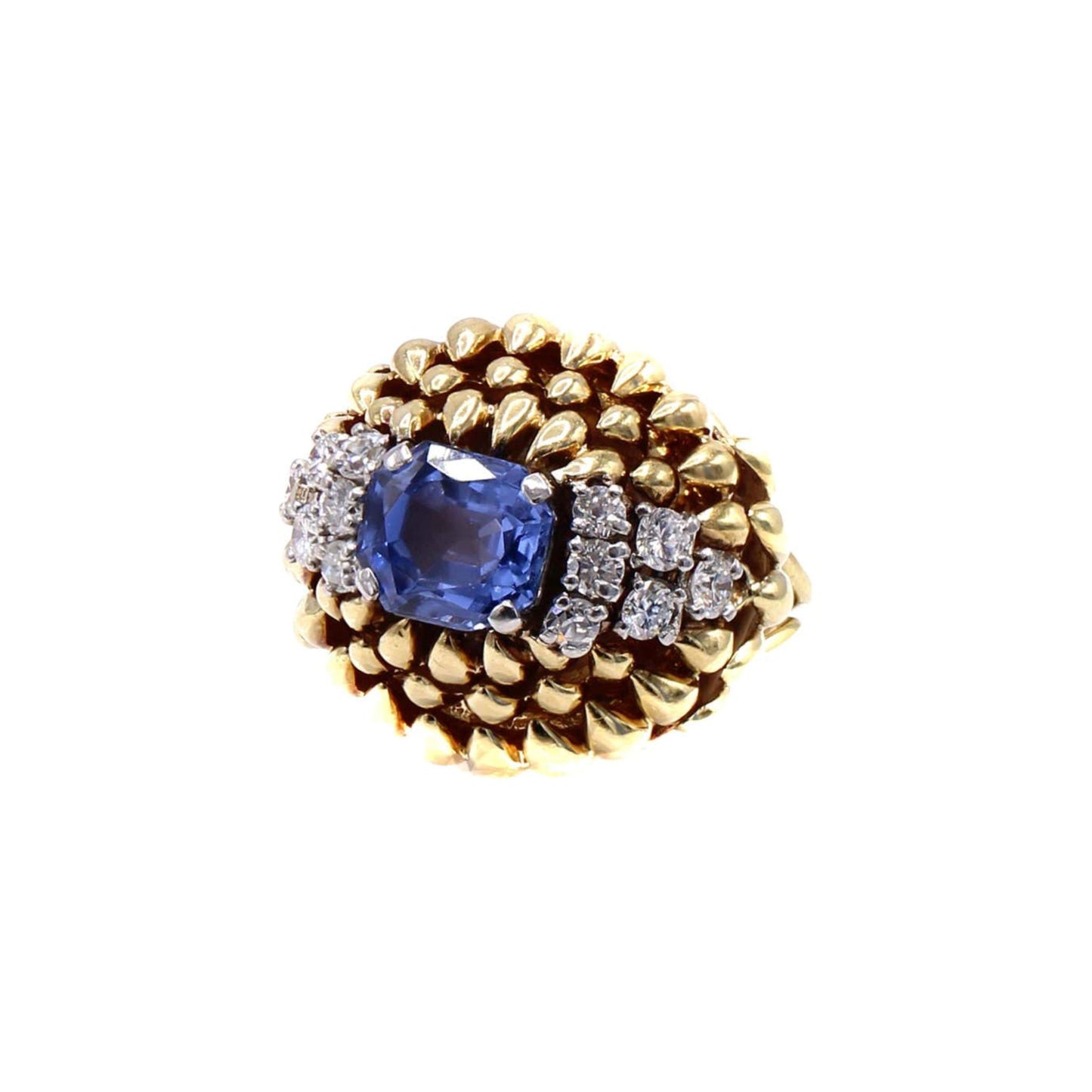 French Retro 18KT Yellow Gold Sapphire & Diamond Ring front