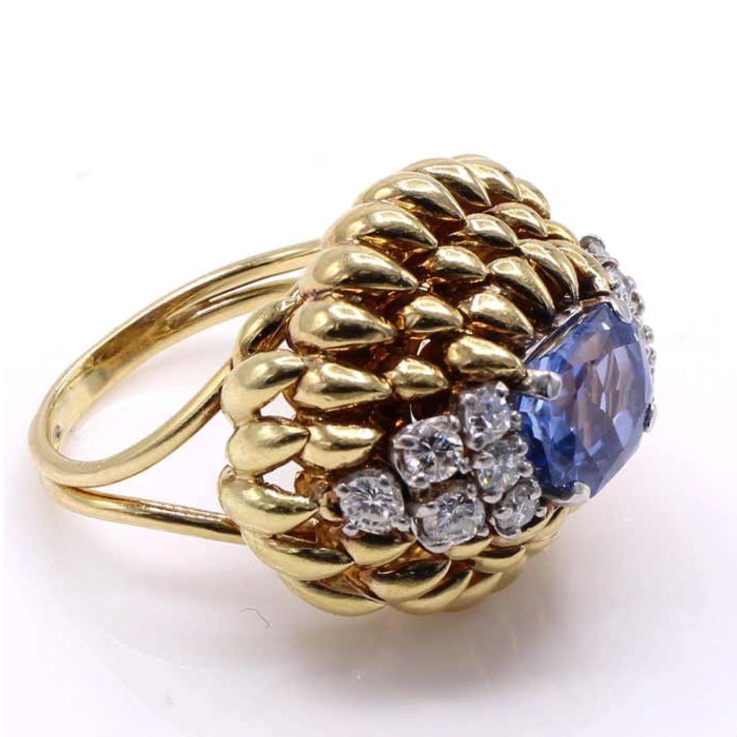 French Retro 18KT Yellow Gold Sapphire & Diamond Ring side