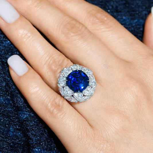 Post-1980s Platinum Sapphire & Diamond Ring on finger