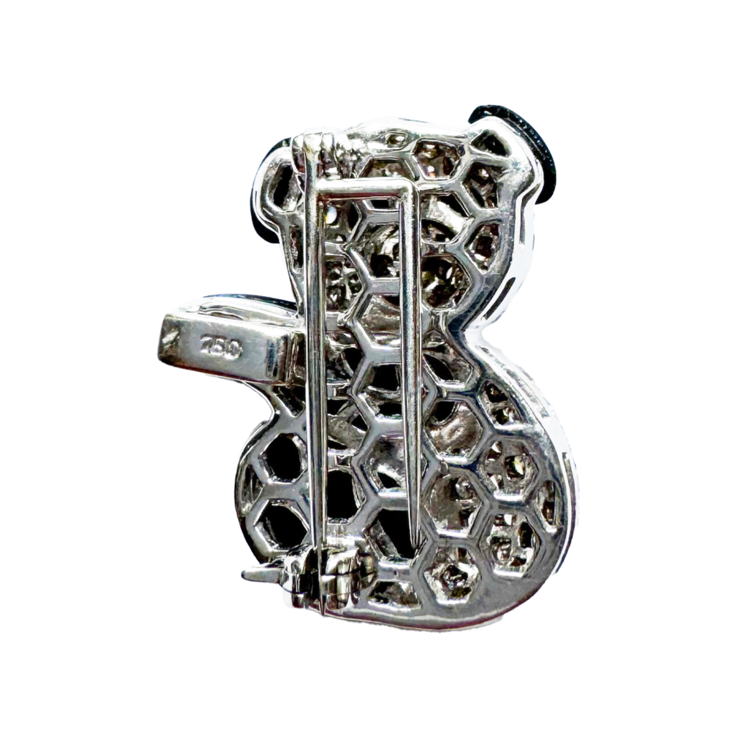 1980s 18KT White Gold Diamond & Enamel Panda Brooch back