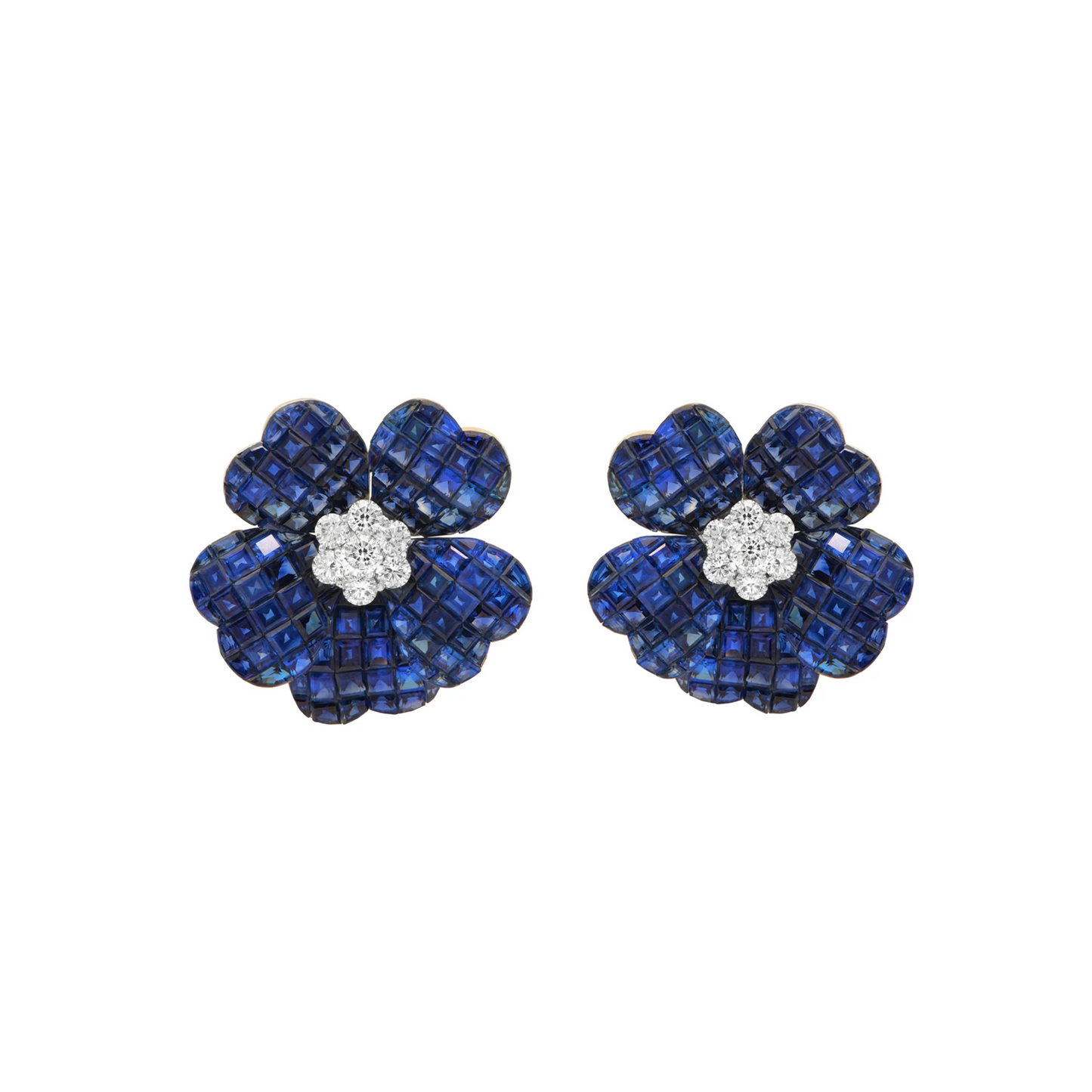 Contemporary 18KT White Gold Sapphire & Diamond Flower Earrings front