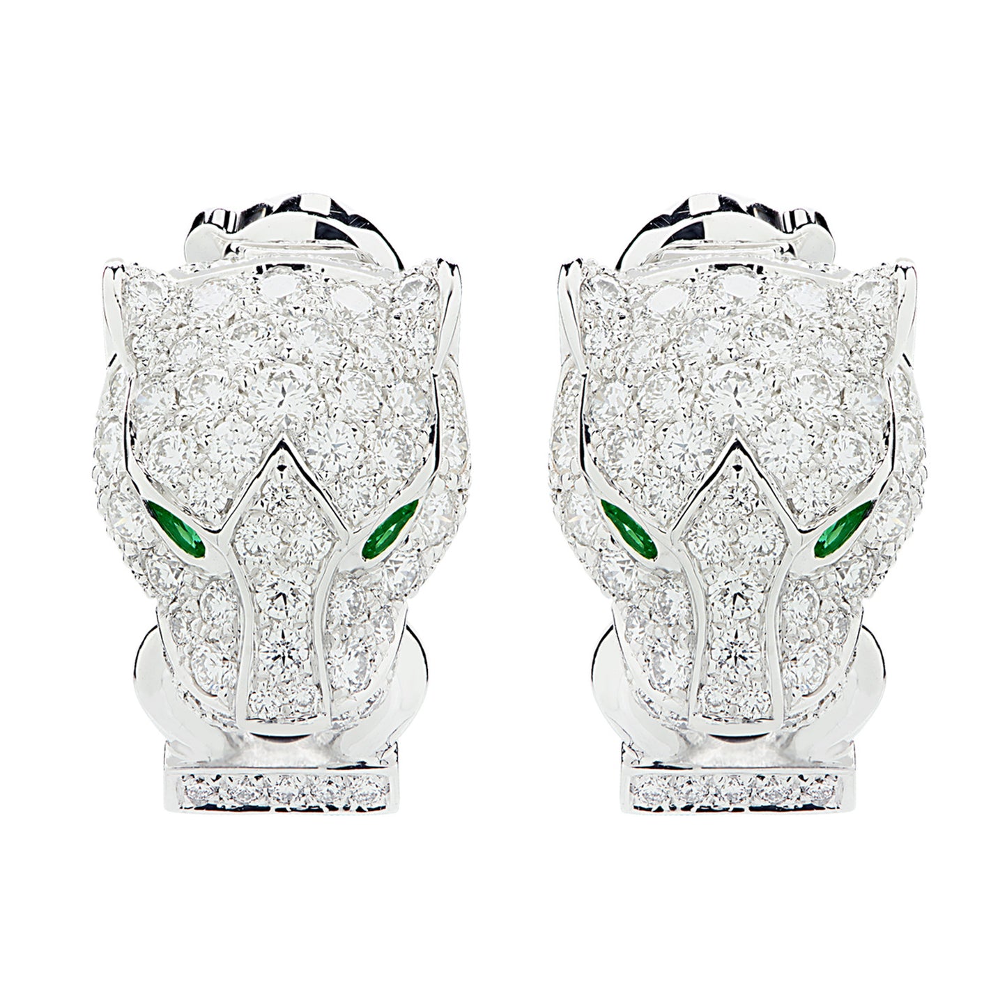 Cartier Post-1980s 18KT White Gold Diamond, Emerald & Onyx Panthére Earrings front