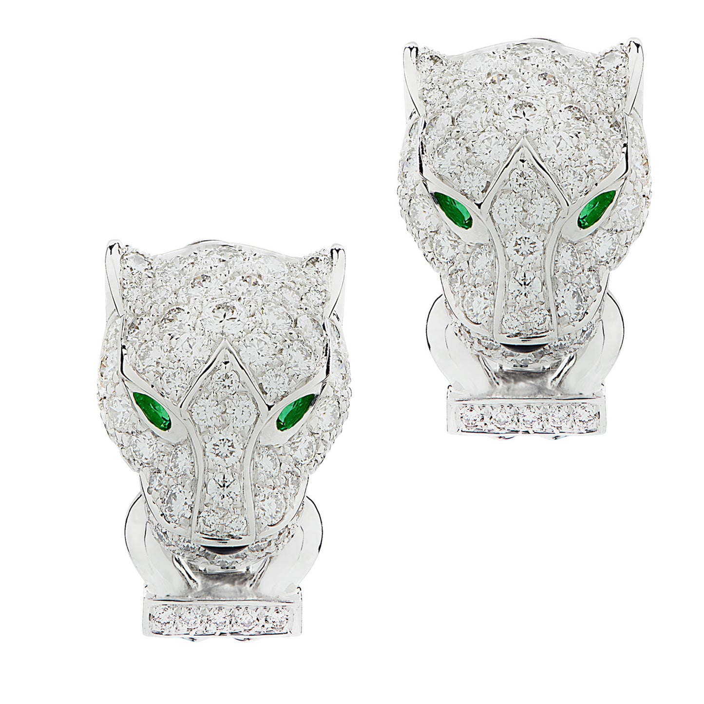 Cartier Post-1980s 18KT White Gold Diamond, Emerald & Onyx Panthére Earrings front