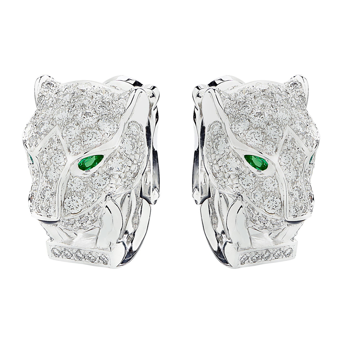 Cartier Post-1980s 18KT White Gold Diamond, Emerald & Onyx Panthére Earrings front
