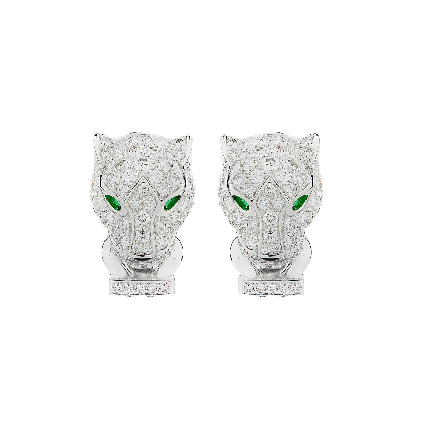 Cartier Post-1980s 18KT White Gold Diamond, Emerald & Onyx Panthére Earrings front