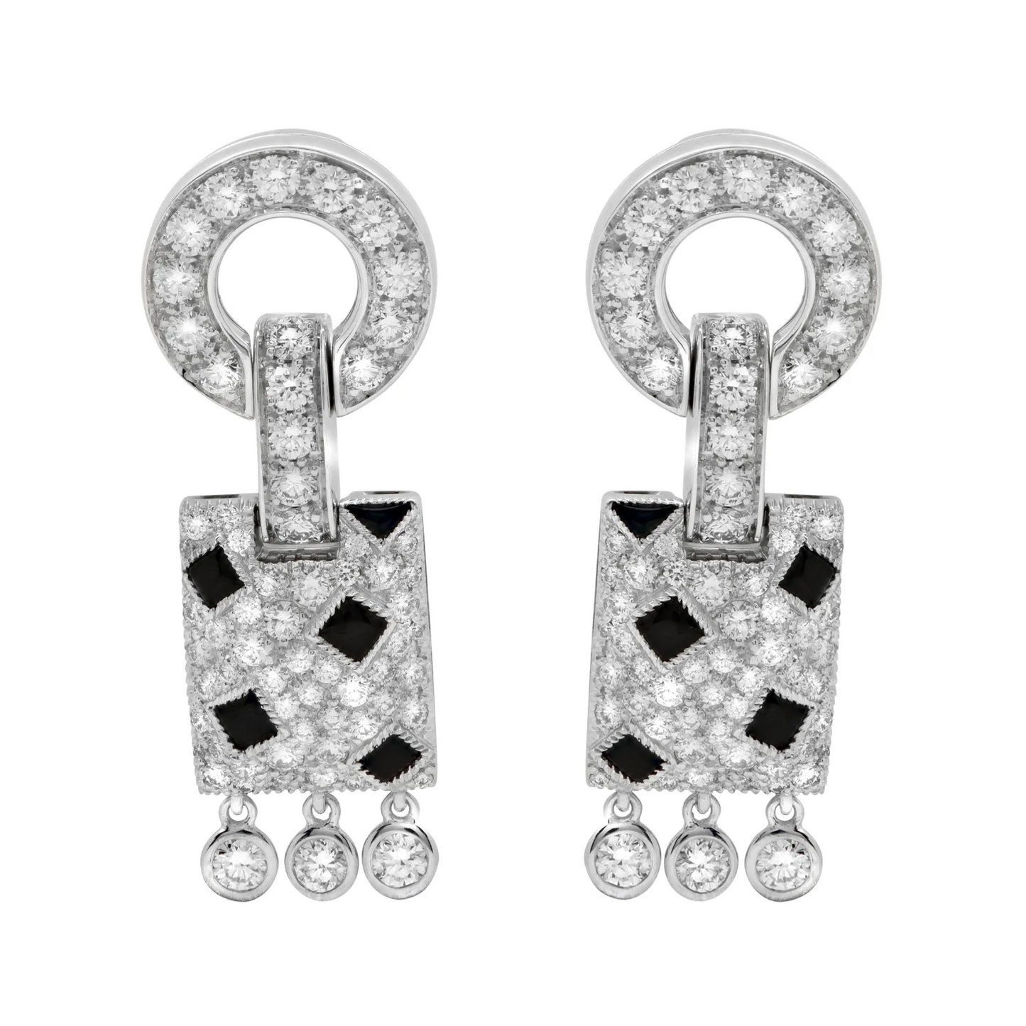 Cartier Post-1980s 18KT White Gold Diamond & Onyx Panthère Earrings front