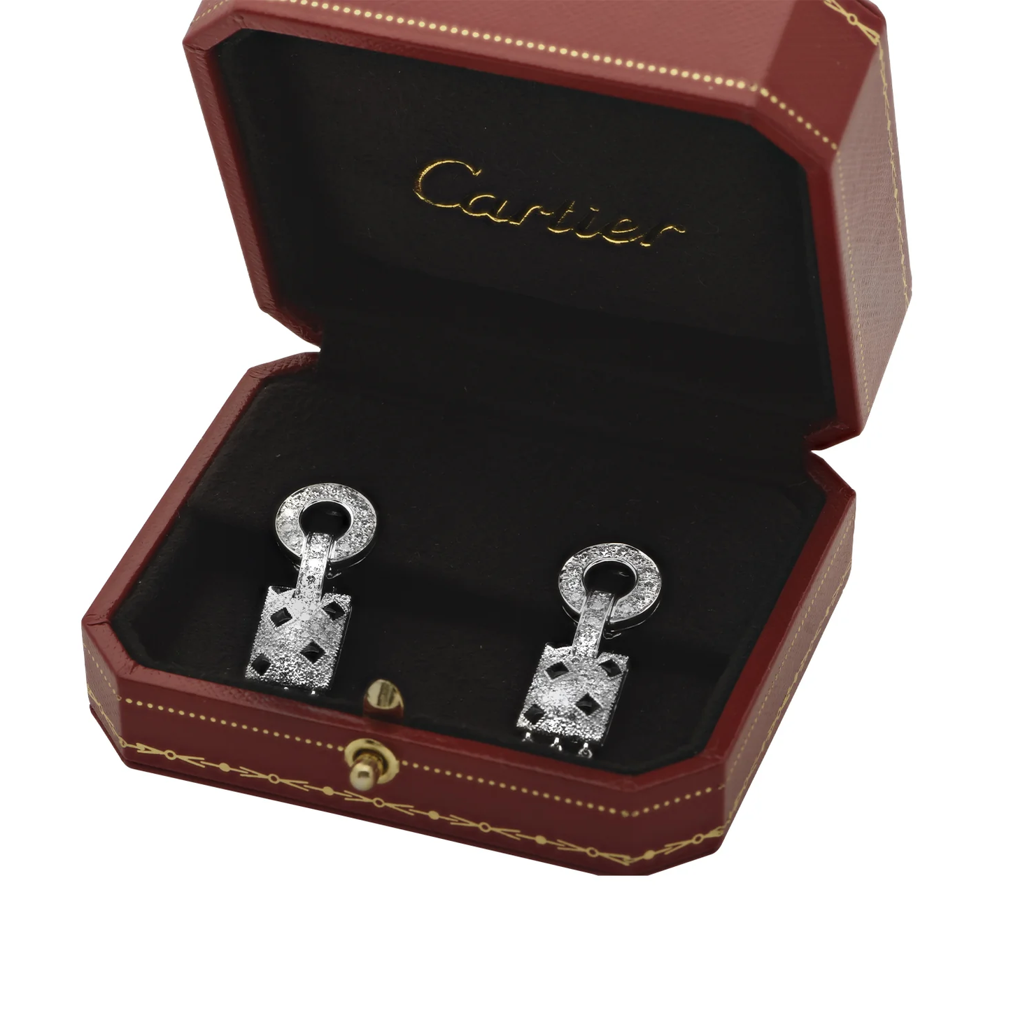 Cartier Post-1980s 18KT White Gold Diamond & Onyx Panthère Earrings in box