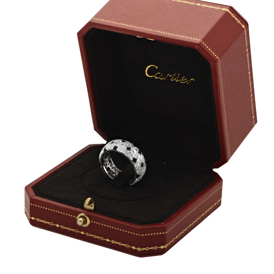 Cartier Post-1980s 18KT White Gold Diamond & Onyx Panthère Ring in box