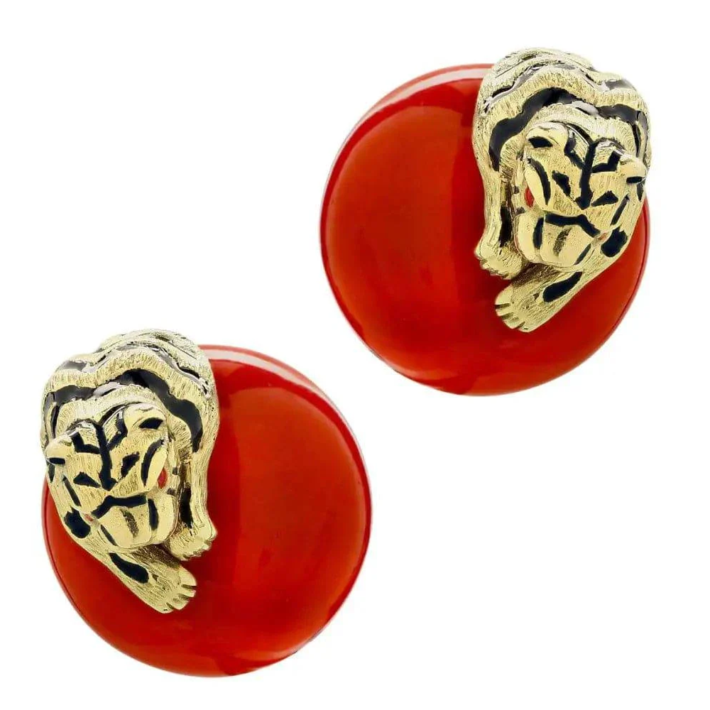 David Webb Post-1980s 18KT Yellow Gold Coral, Enamel & Ruby Tiger Earrings front