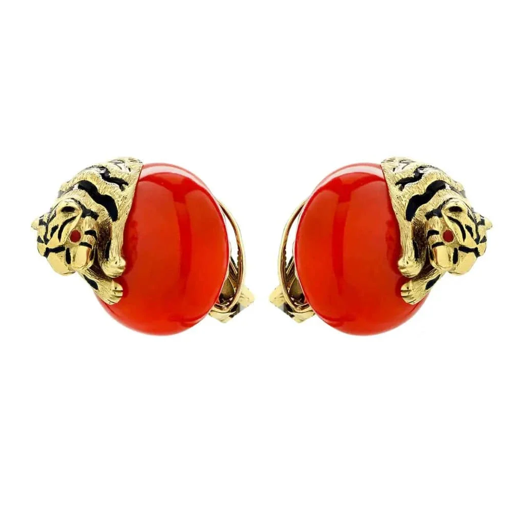 David Webb Post-1980s 18KT Yellow Gold Coral, Enamel & Ruby Tiger Earrings side