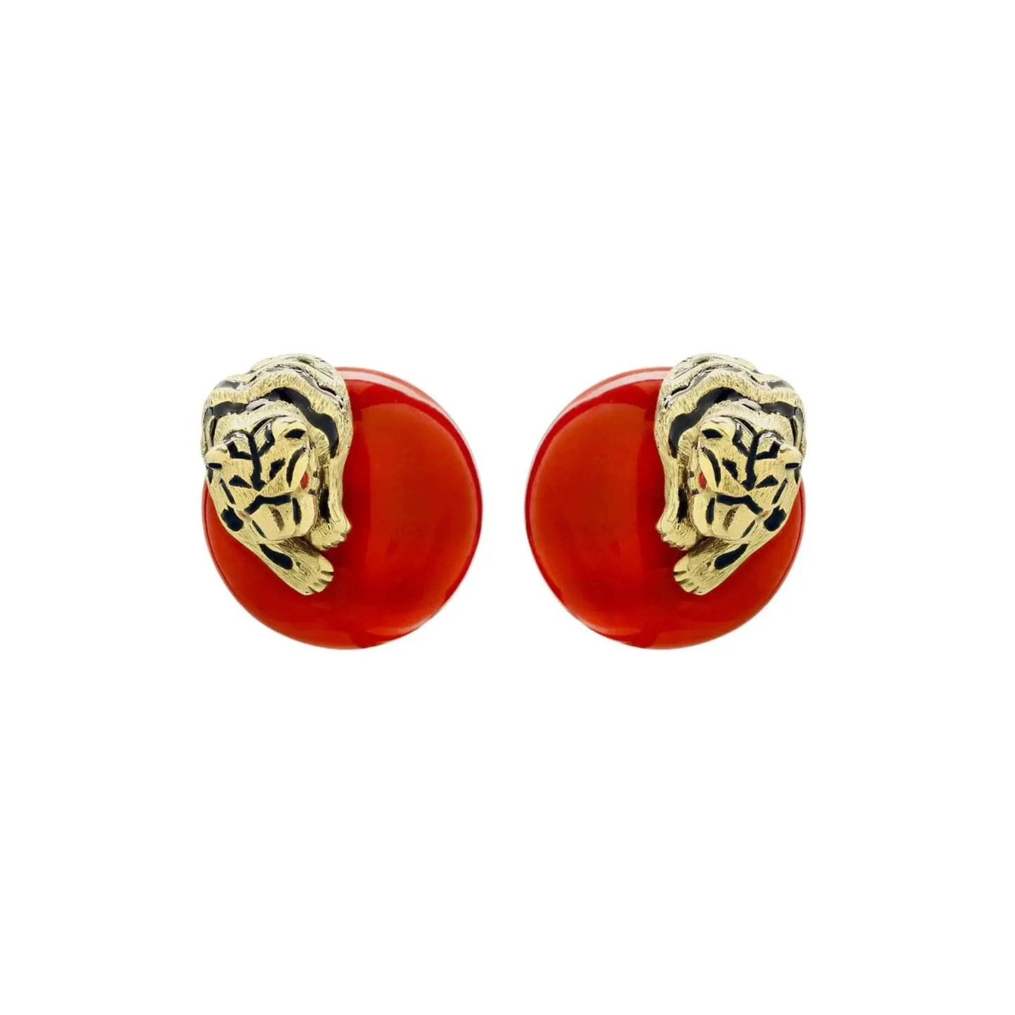 David Webb Post-1980s 18KT Yellow Gold Coral, Enamel & Ruby Tiger Earrings front
