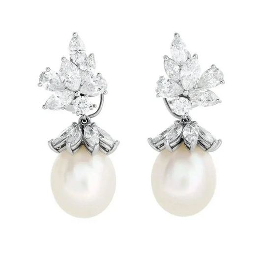 Tiffany & Co. 1980s Platinum Cultured Pearl & Diamond Earrings front