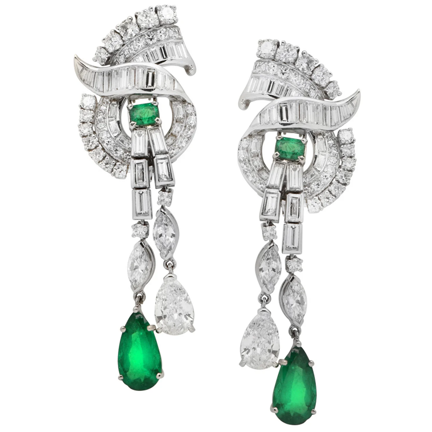 Raymond Yard Post-1980s Platinum Emerald & Diamond Earrings front