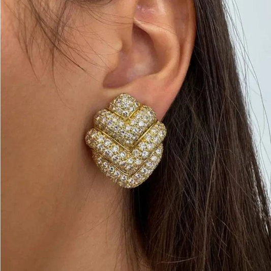 Bulgari 1970s 18KT Yellow Gold Diamond Doppio Earrings on ear