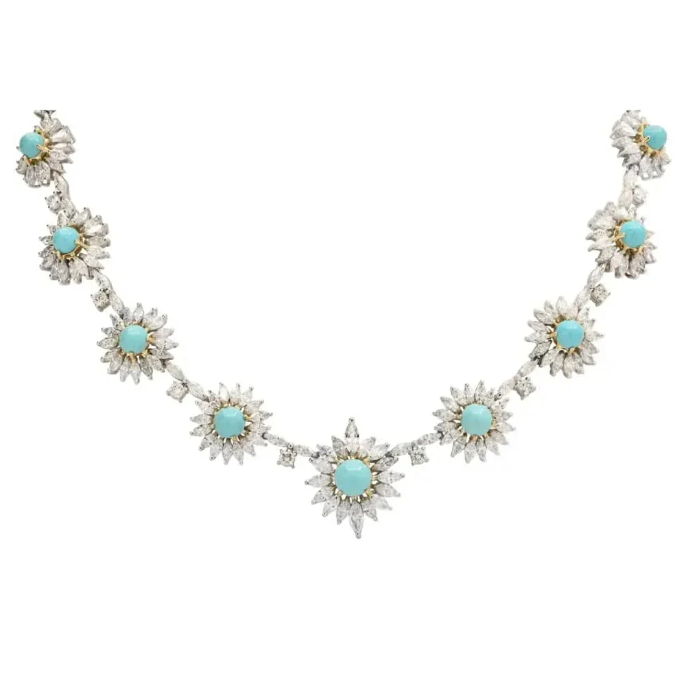 1980s Platinum & 18KT Yellow Gold Turquoise & Diamond Necklace front