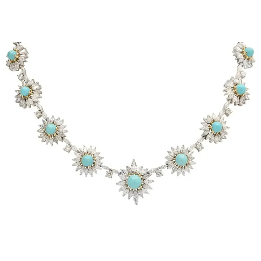 1980s Platinum & 18KT Yellow Gold Turquoise & Diamond Necklace front