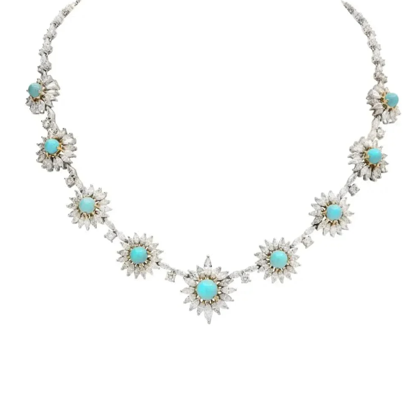 1980s Platinum & 18KT Yellow Gold Turquoise & Diamond Necklace front