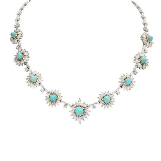 1980s Platinum & 18KT Yellow Gold Turquoise & Diamond Necklace front