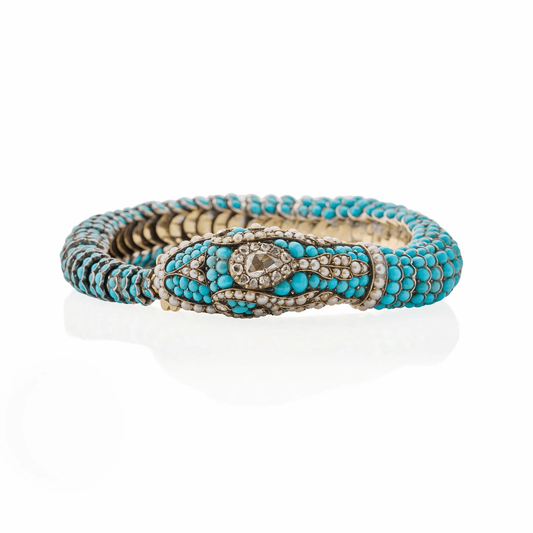 Victorian 9KT & 14KT Yellow Gold Turquoise, Diamond & Pearl Bracelet front
