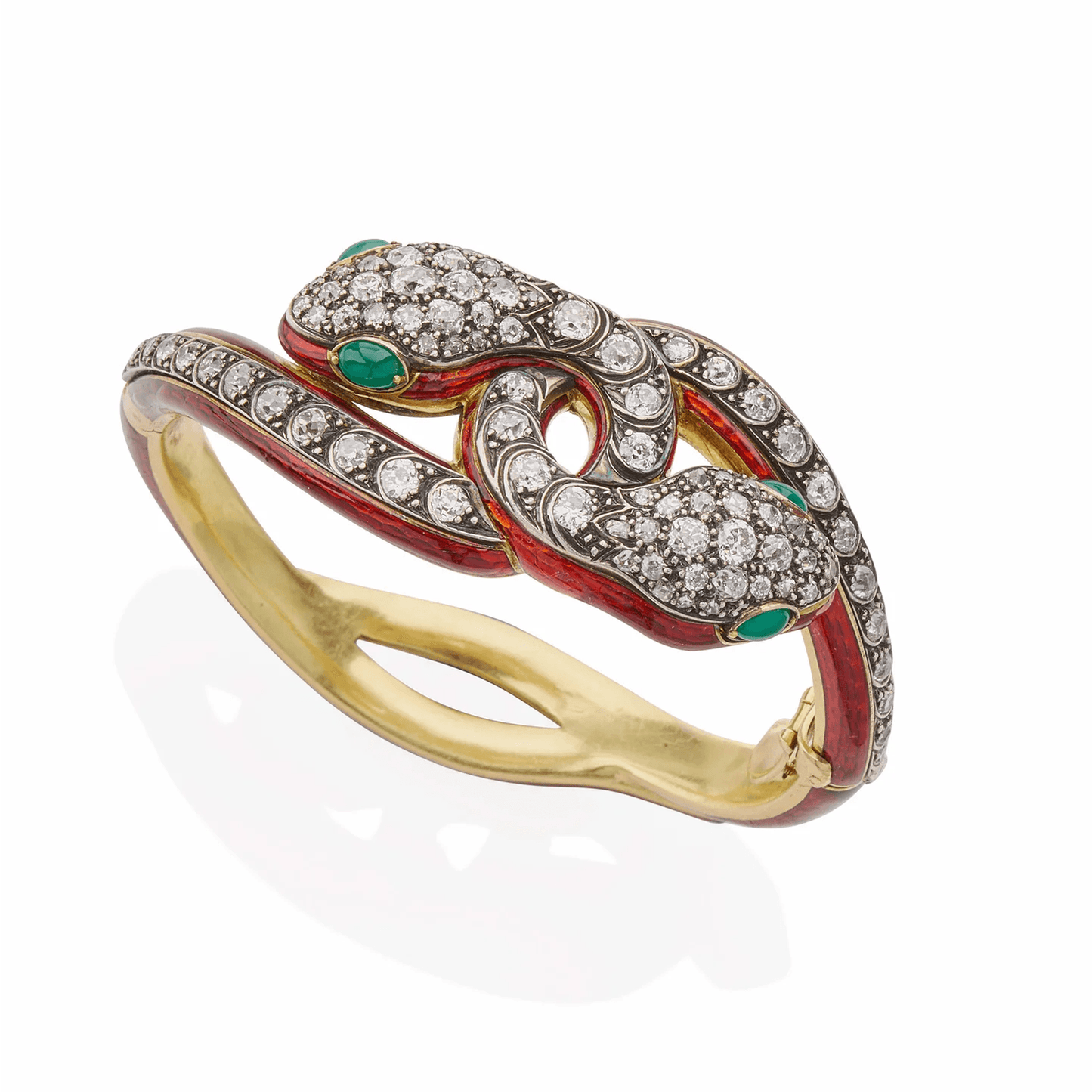 Victorian Silver & 18KT Yellow Gold Diamond, Emerald & Enamel Snake Bracelet front