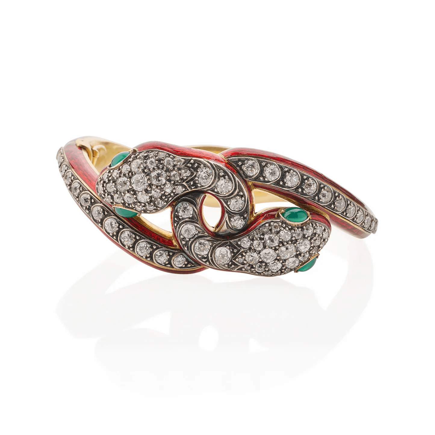 Victorian Silver & 18KT Yellow Gold Diamond, Emerald & Enamel Snake Bracelet front