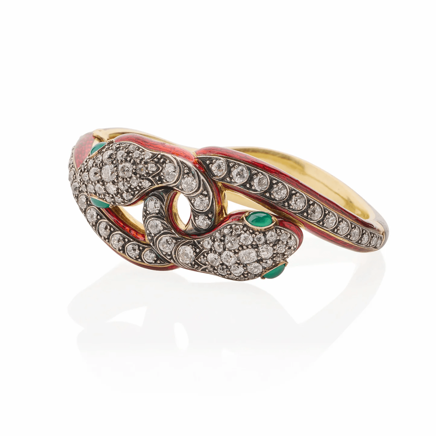 Victorian Silver & 18KT Yellow Gold Diamond, Emerald & Enamel Snake Bracelet front
