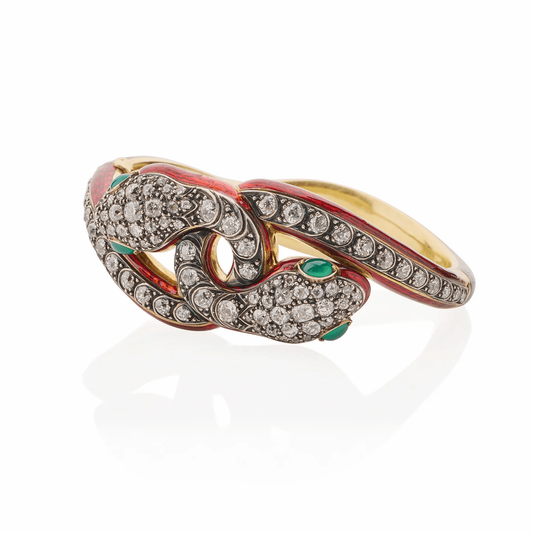 Victorian Silver & 18KT Yellow Gold Diamond, Emerald & Enamel Snake Bracelet front
