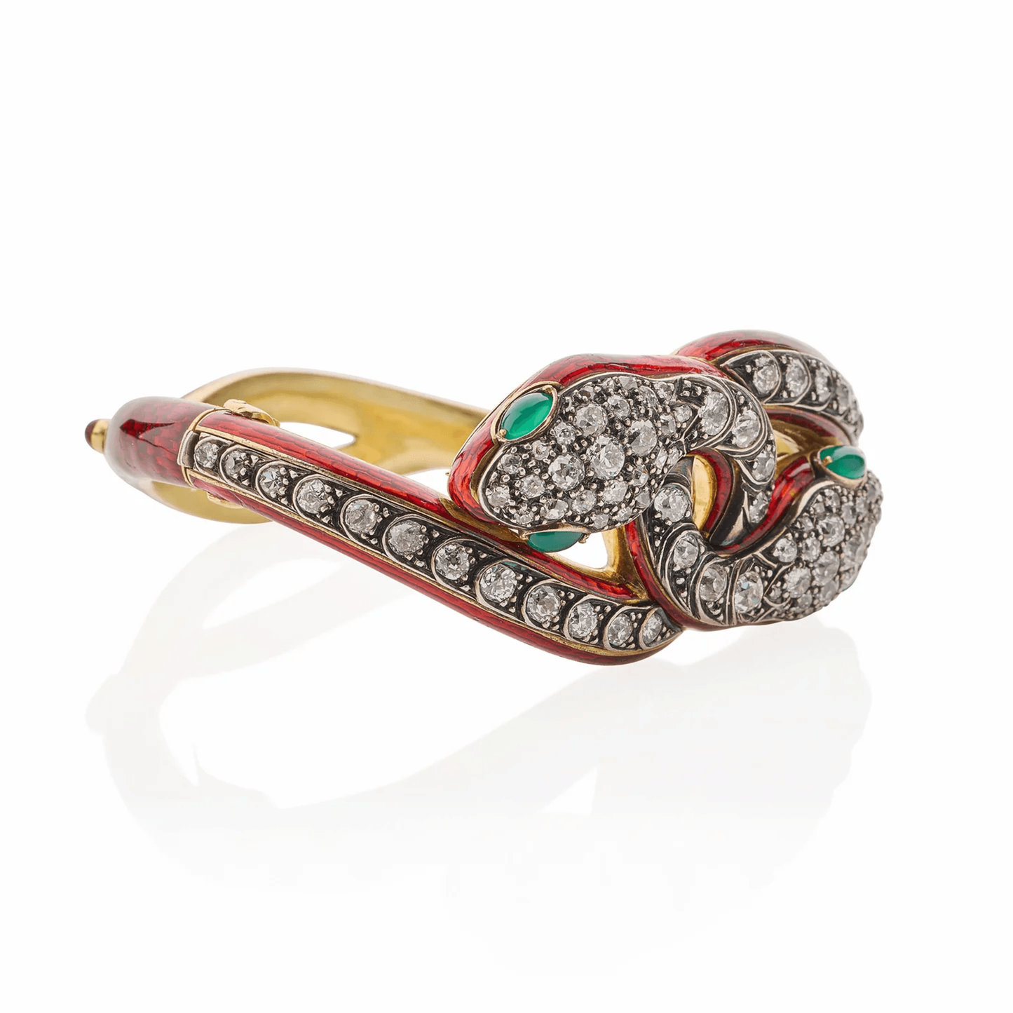 Victorian Silver & 18KT Yellow Gold Diamond, Emerald & Enamel Snake Bracelet front