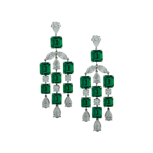 Contemporary Platinum Emerald & Diamond Earrings front