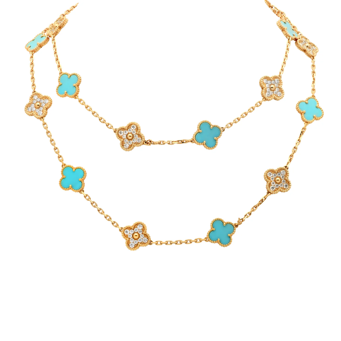 Van Cleef & Arpels Post-1980s 18KT Yellow Gold Diamond & Enamel Alhambra Necklace front