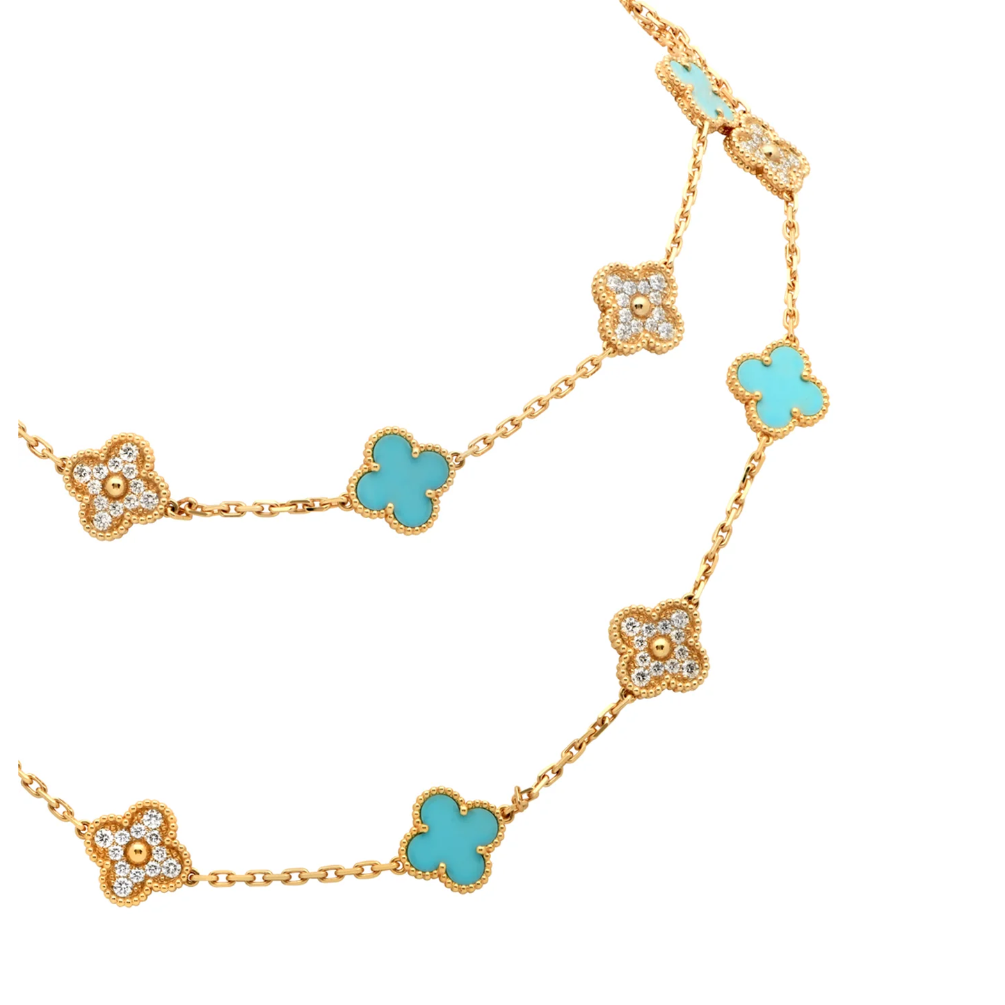 Van Cleef & Arpels Post-1980s 18KT Yellow Gold Diamond & Enamel Alhambra Necklace front