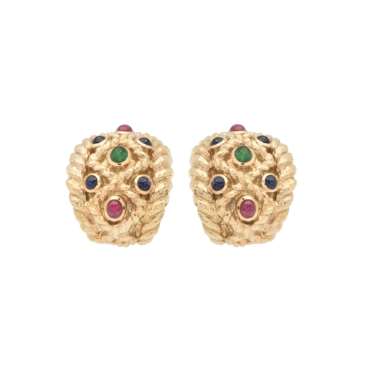 David Webb 1980s 18KT Yellow Gold Emerald, Ruby & Sapphire Earrings front