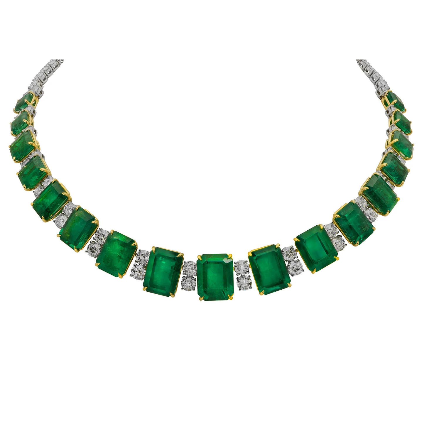 Contemporary Platinum & 18KT Yellow Gold Emerald & Diamond Necklace front