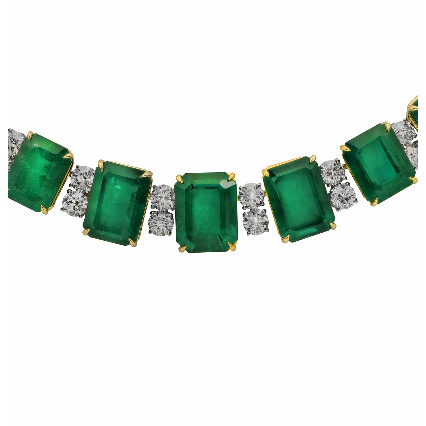 Contemporary Platinum & 18KT Yellow Gold Emerald & Diamond Necklace front