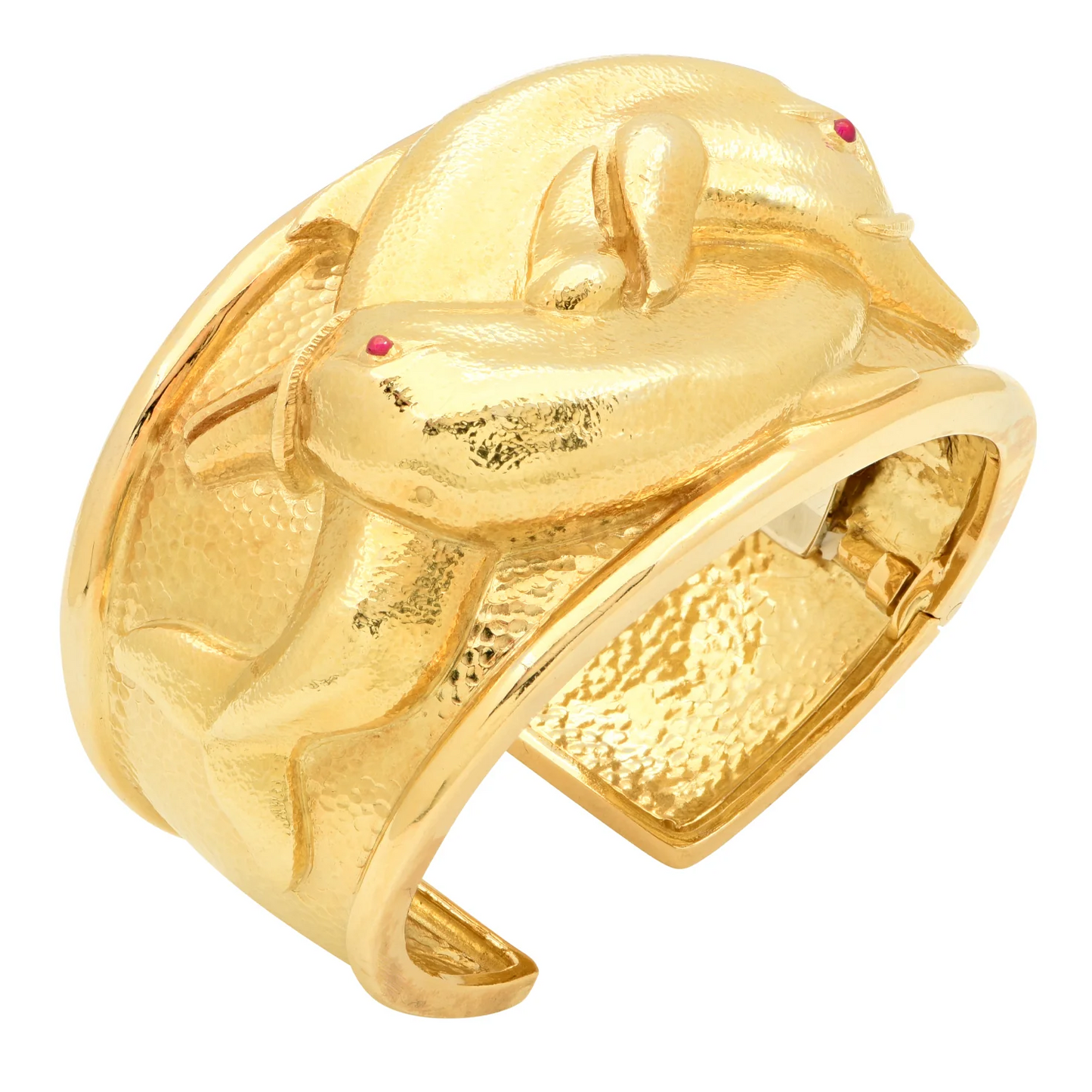 David Webb 1980s 18KT Yellow Gold Ruby Dolphin Bracelet front