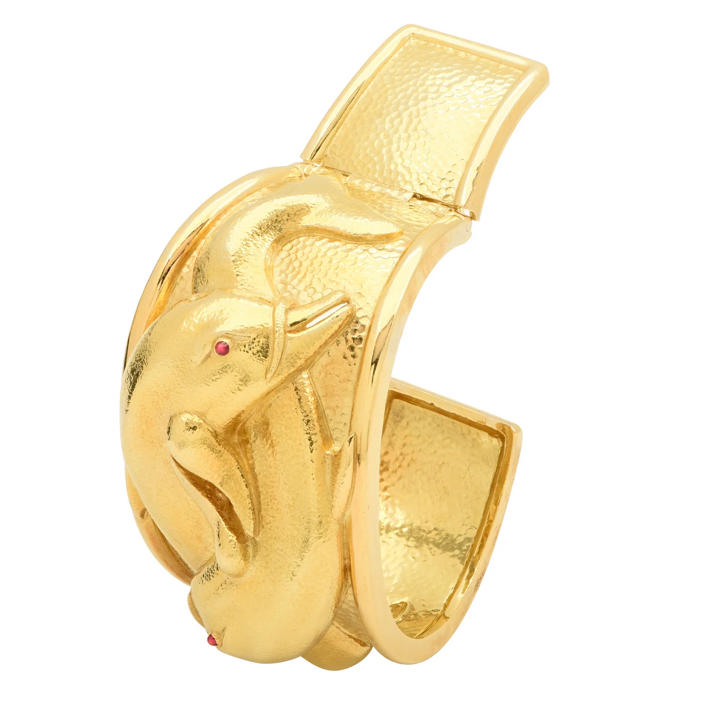 David Webb 1980s 18KT Yellow Gold Ruby Dolphin Bracelet front