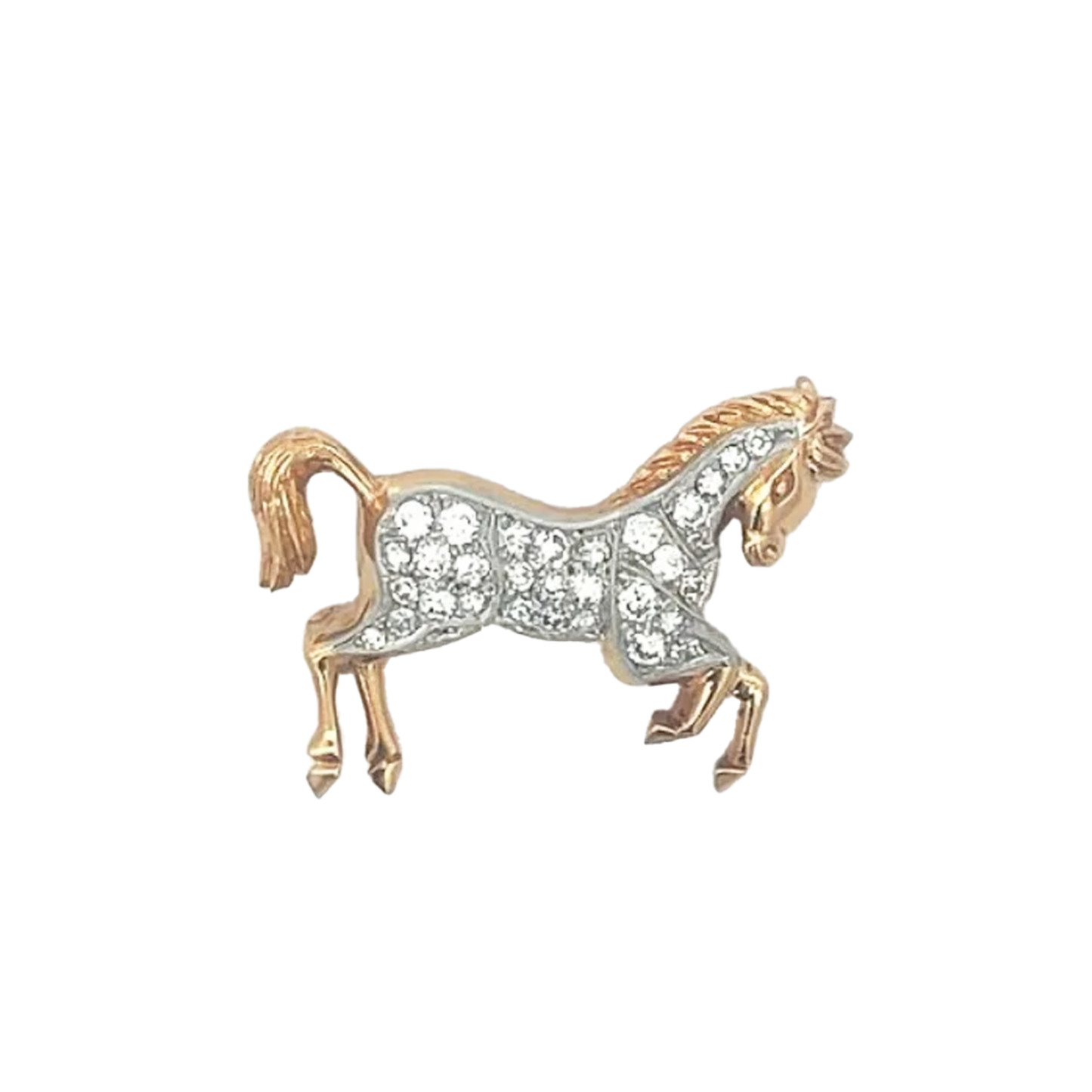 French Edwardian Platinum & 18KT Yellow Gold Diamond Horse Brooch front