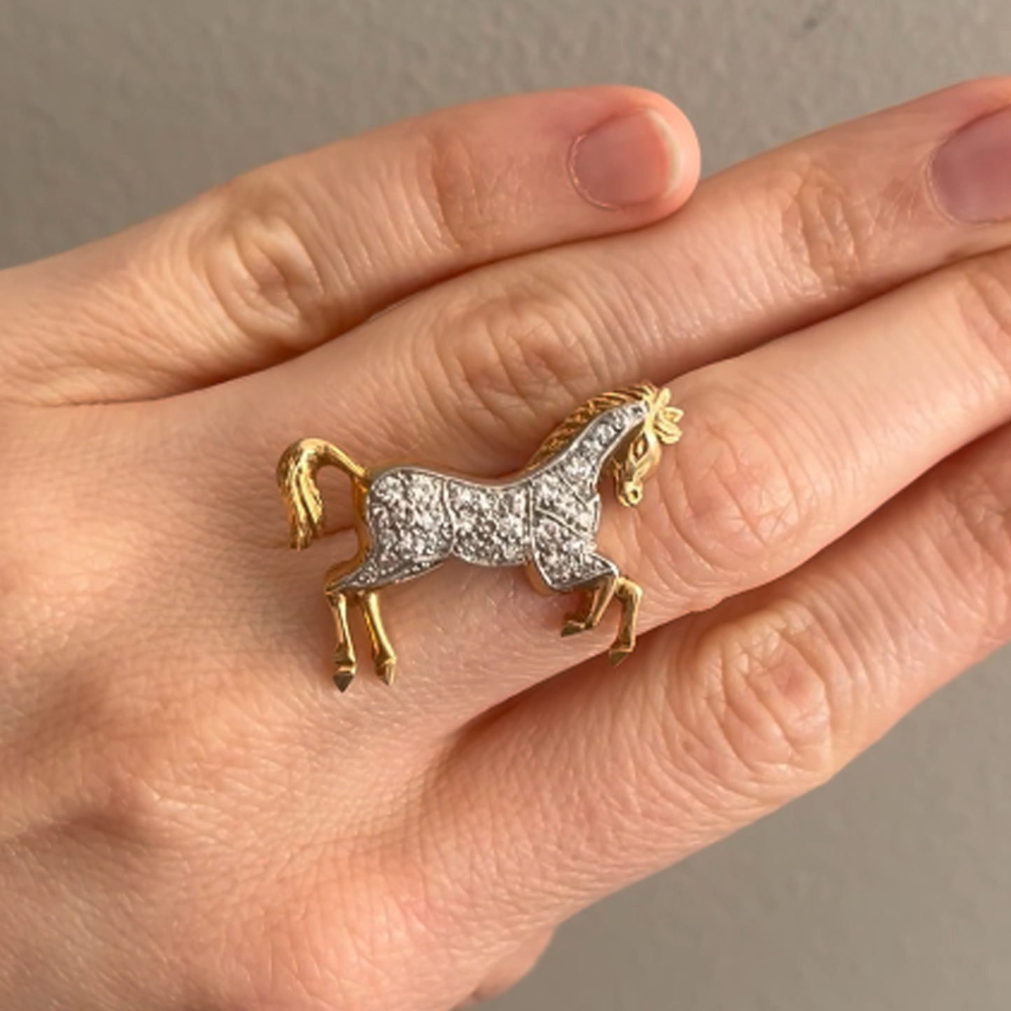 French Edwardian Platinum & 18KT Yellow Gold Diamond Horse Brooch front