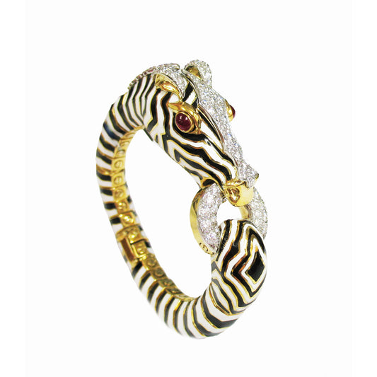 David Webb 1980s Platinum & 18KT Yellow Gold Diamond, Ruby & Enamel Zebra Bracelet front