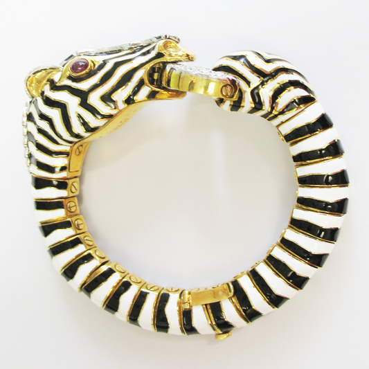 David Webb 1980s Platinum & 18KT Yellow Gold Diamond, Ruby & Enamel Zebra Bracelet front