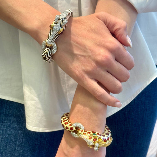 David Webb 1980s Platinum & 18KT Yellow Gold Diamond, Ruby & Enamel Zebra Bracelet front