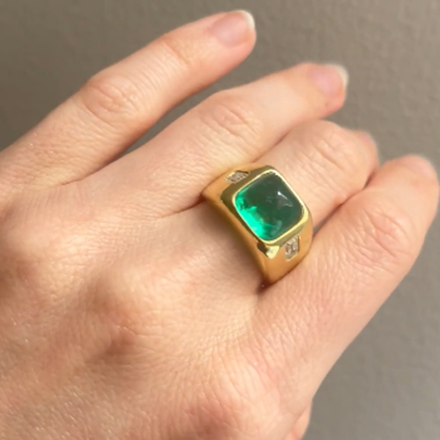 1970s 18KT Yellow Gold Emerald & Diamond Ring on finger