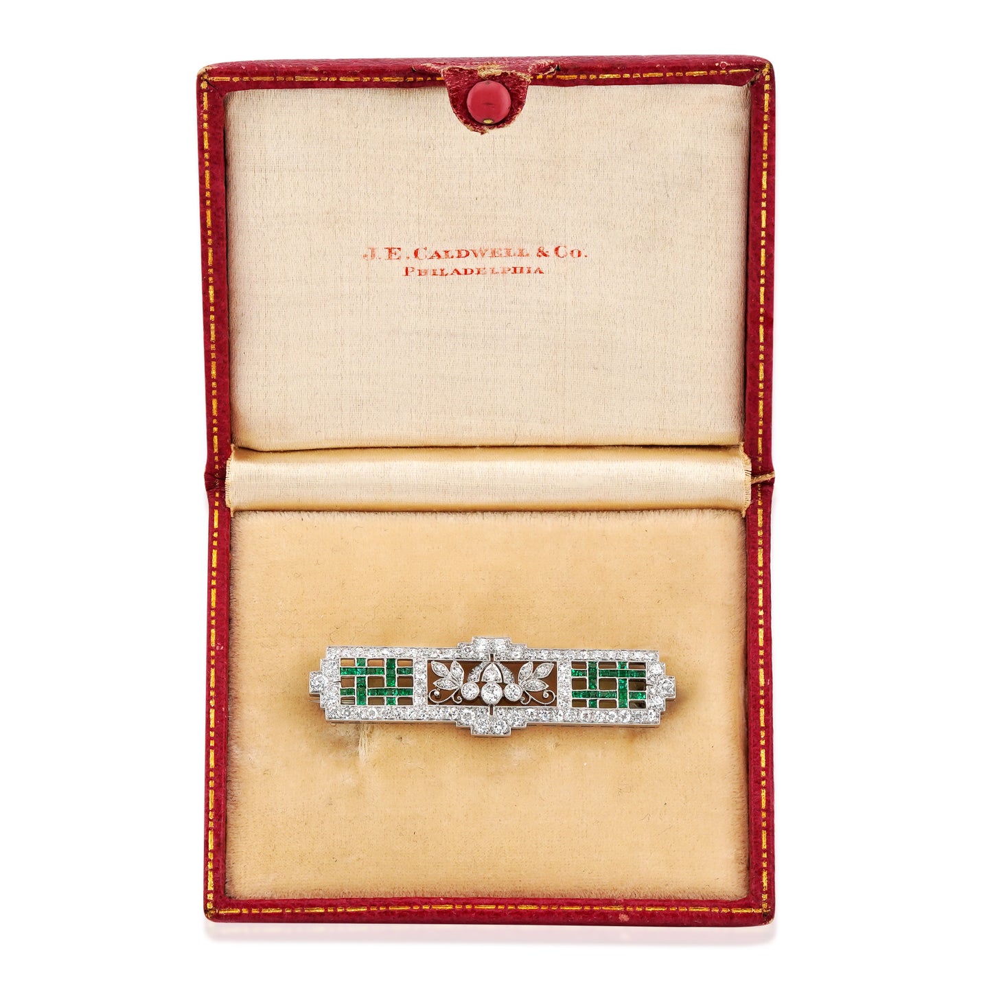 J.E. Caldwell Art Deco Platinum Diamond & Emerald Brooch in box