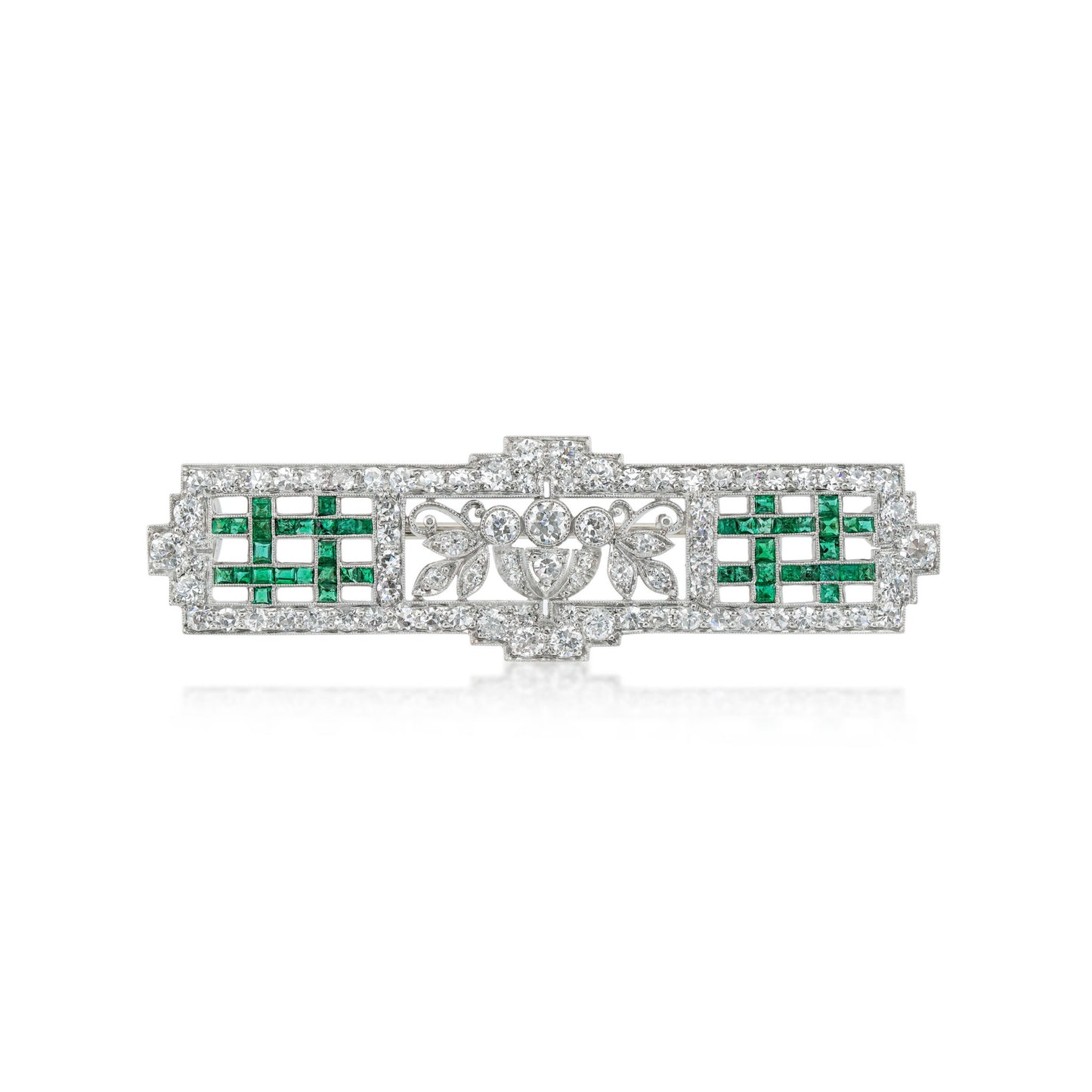 J.E. Caldwell Art Deco Platinum Diamond & Emerald Brooch front