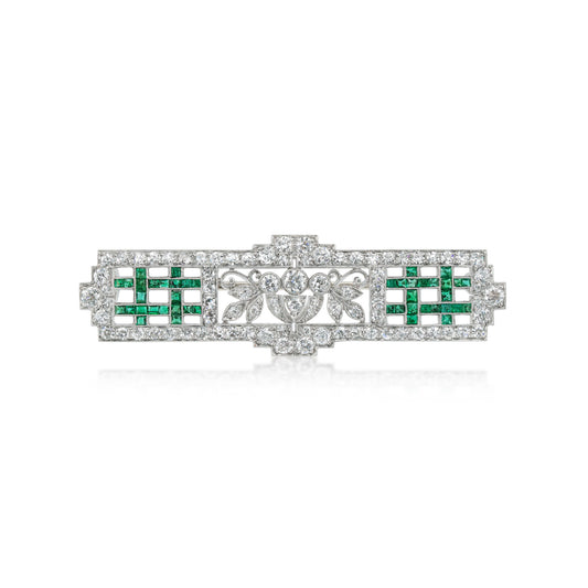 J.E. Caldwell Art Deco Platinum Diamond & Emerald Brooch front
