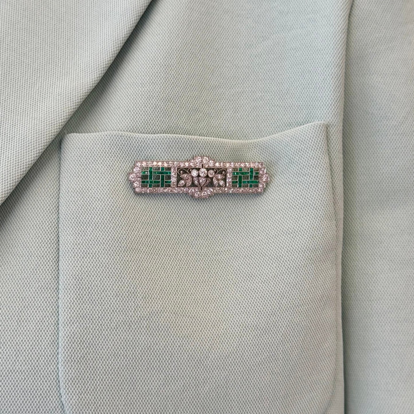 J.E. Caldwell Art Deco Platinum Diamond & Emerald Brooch on pocket